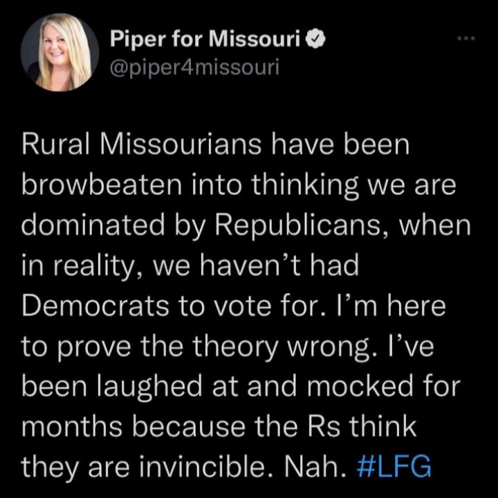 Piper for Missouri piper4missouri RTE R VISV E T R EVER oI browbeaten into thinking we are dominated by Republicans when NCE AR VRl Democrats to vote for Im here to prove the theory wrong Ive ST NEV1p Yo REY Talo Mg ToTolETe B eg months because the Rs think they are invincible Nah LFG