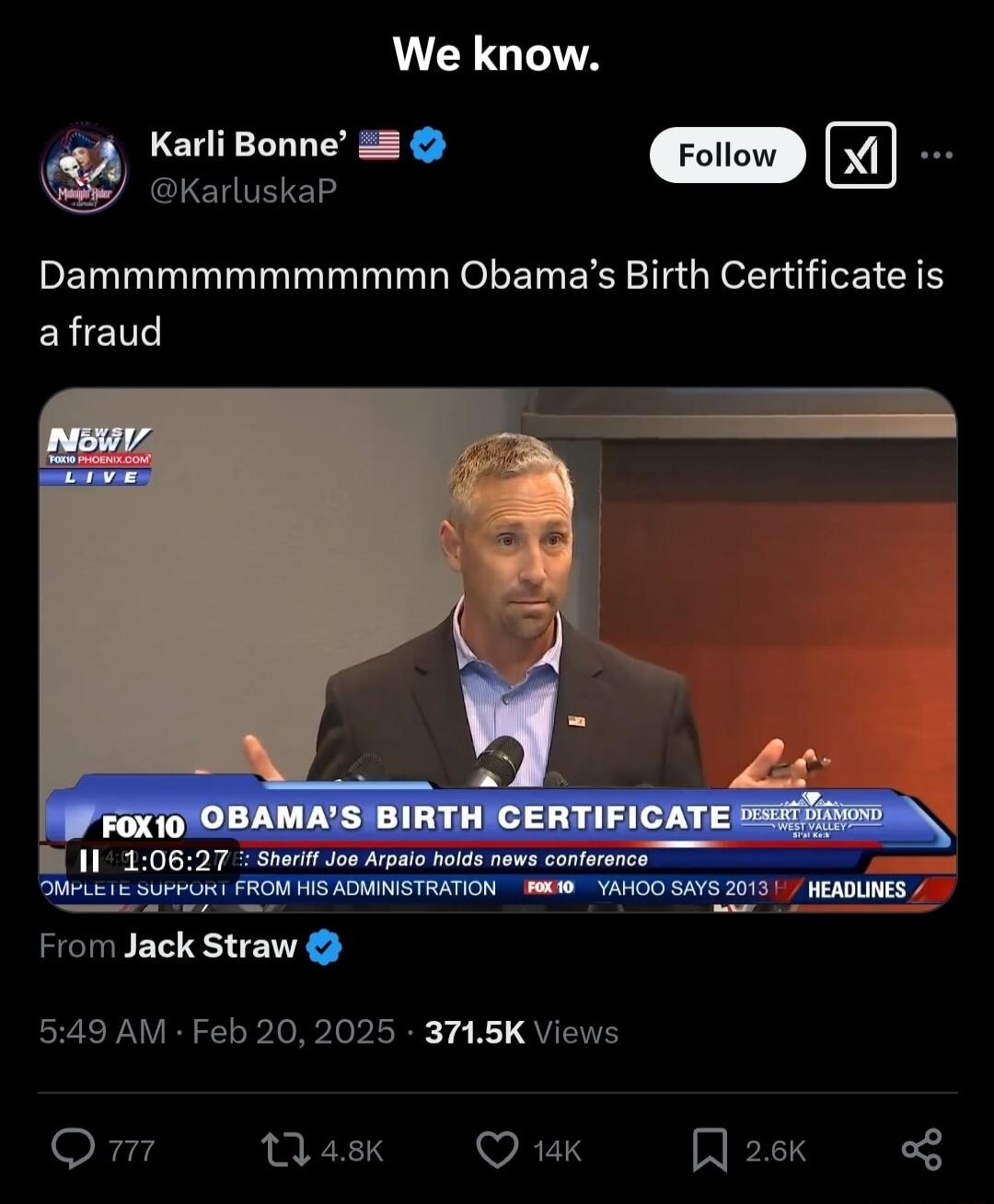 We know Karli Bonne 2 X KarluskaP Dammmmmmmmmmn Obamas Birth Certificate is afraud From Jack Straw 549 AM Feb 20 2025 3745K Views Qm ek Quk Qask