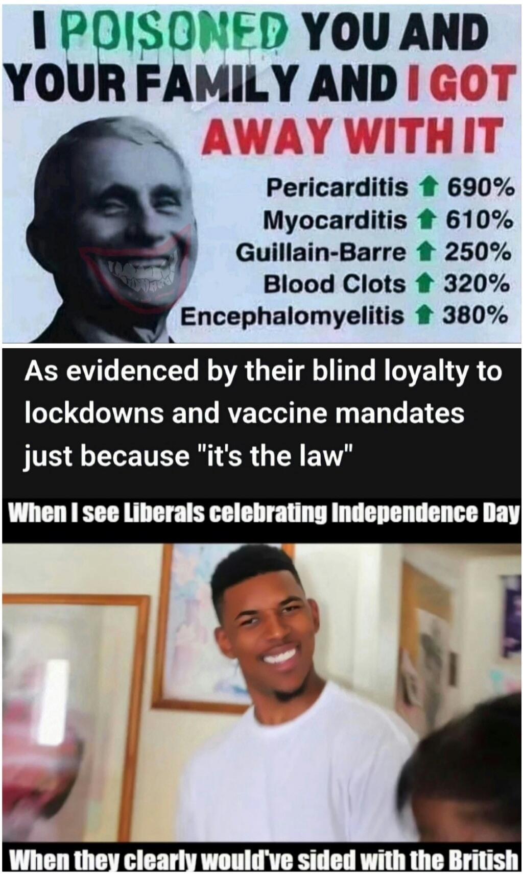 I POISONED YOU AND YOUR FAMILY AND I GOT AWAY WITH IT. Pericarditis 690%, Myocarditis 610%, Guillain-Barre 250%, Blood Clots 320%, Encephalomyelitis 380%. As evidenced by their blind loyalty to lockdowns and vaccine mandates just because 