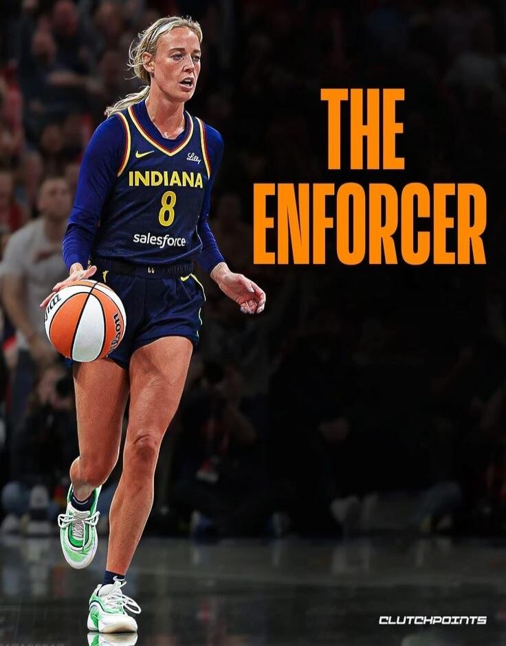 A female basketball player from Indiana Fever, number 8, sponsored by Lilly and Salesforce, is dribbling a basketball. The text overlay reads: THE ENFORCER. ClutchPoints logo is also visible.