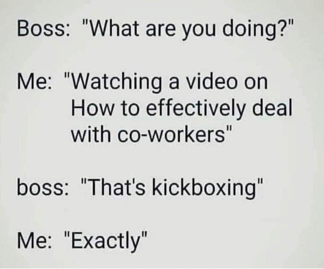 Boss What are you doing Me Watching a video on How to effectively deal with co workers boss Thats kickboxing Me Exactly