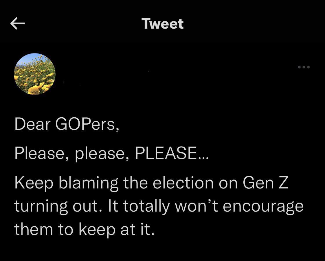 Tweet Dear GOPers Please please PLEASE Keep blaming the election on Gen Z turning out It totally wont encourage them to keep at it