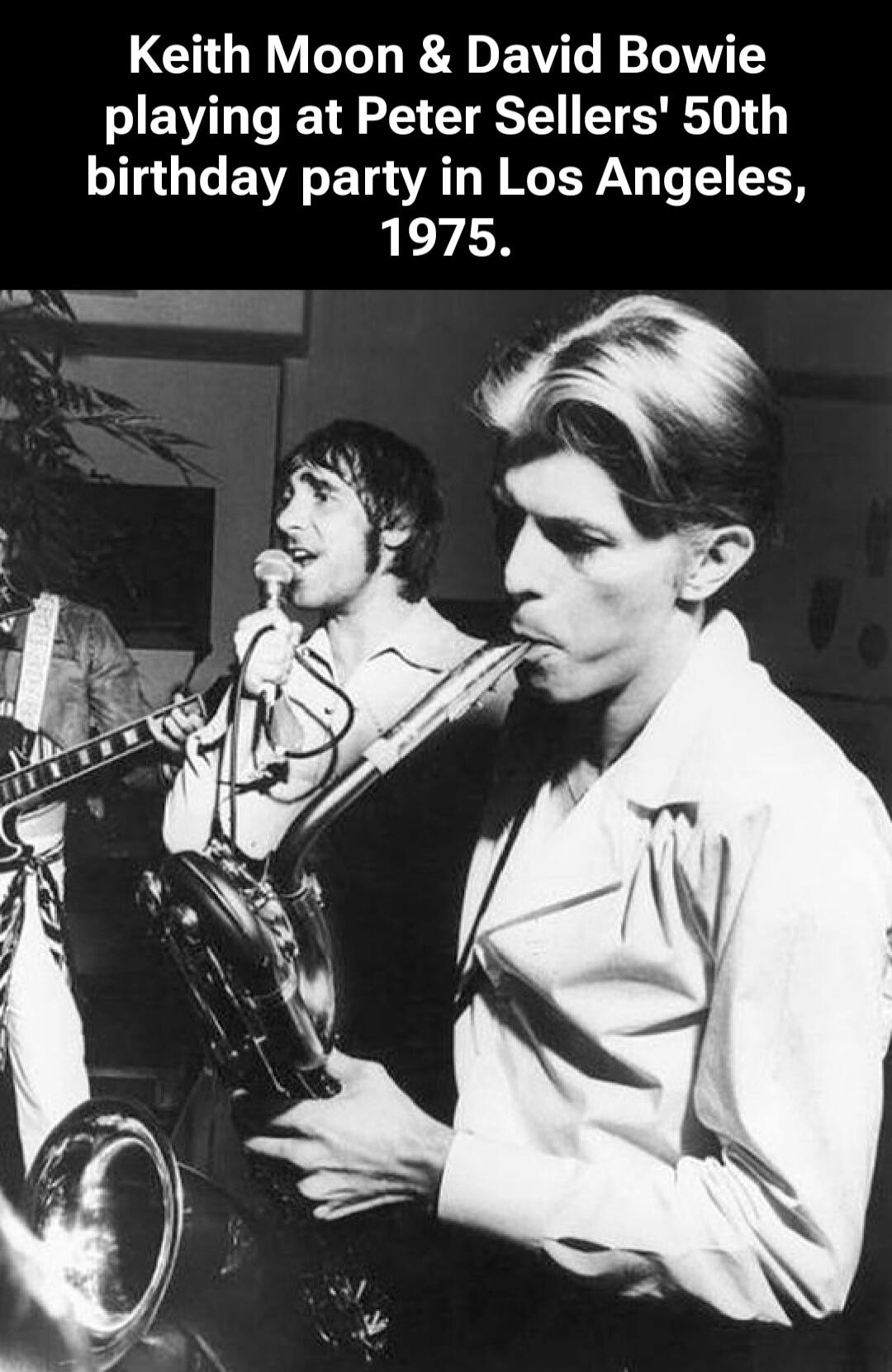Keith Moon & David Bowie playing at Peter Sellers' 50th birthday party in Los Angeles, 1975.