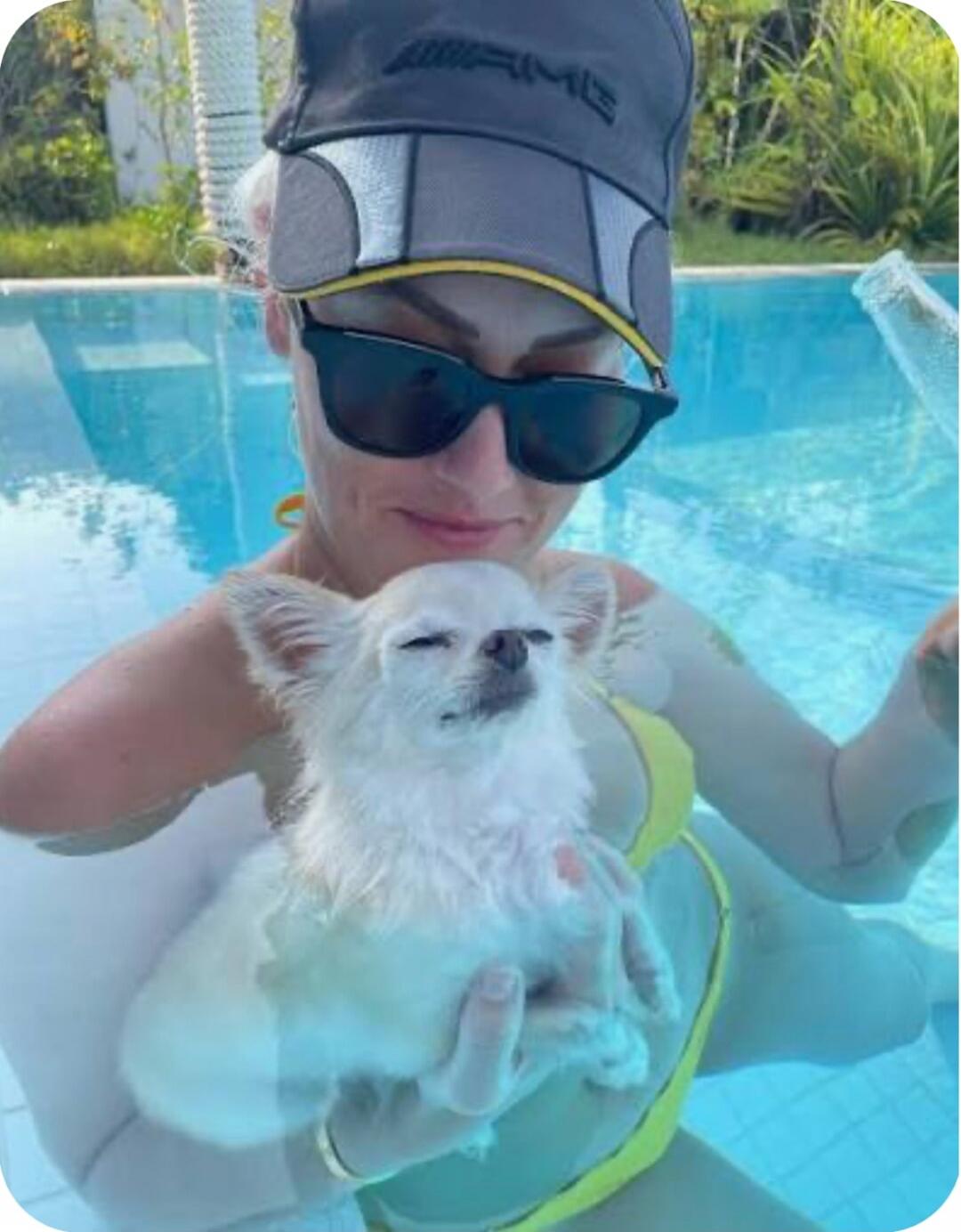 A woman in a yellow bikini top, sunglasses, and an AMG cap, holding a small white chihuahua in a swimming pool. The dog has its eyes closed, looking relaxed. A bottle is partially visible in her hand.
