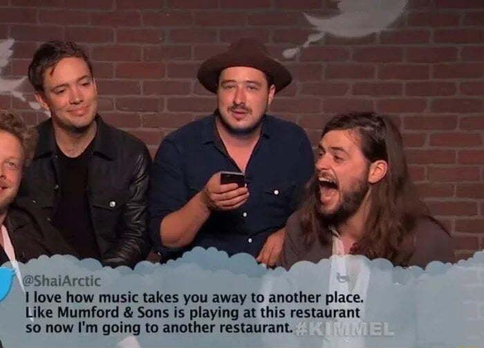 aShalArctic I love how music takes you away to another place Like Mumford Sons is playing at this restaurant 50 now Im going to another restaurant