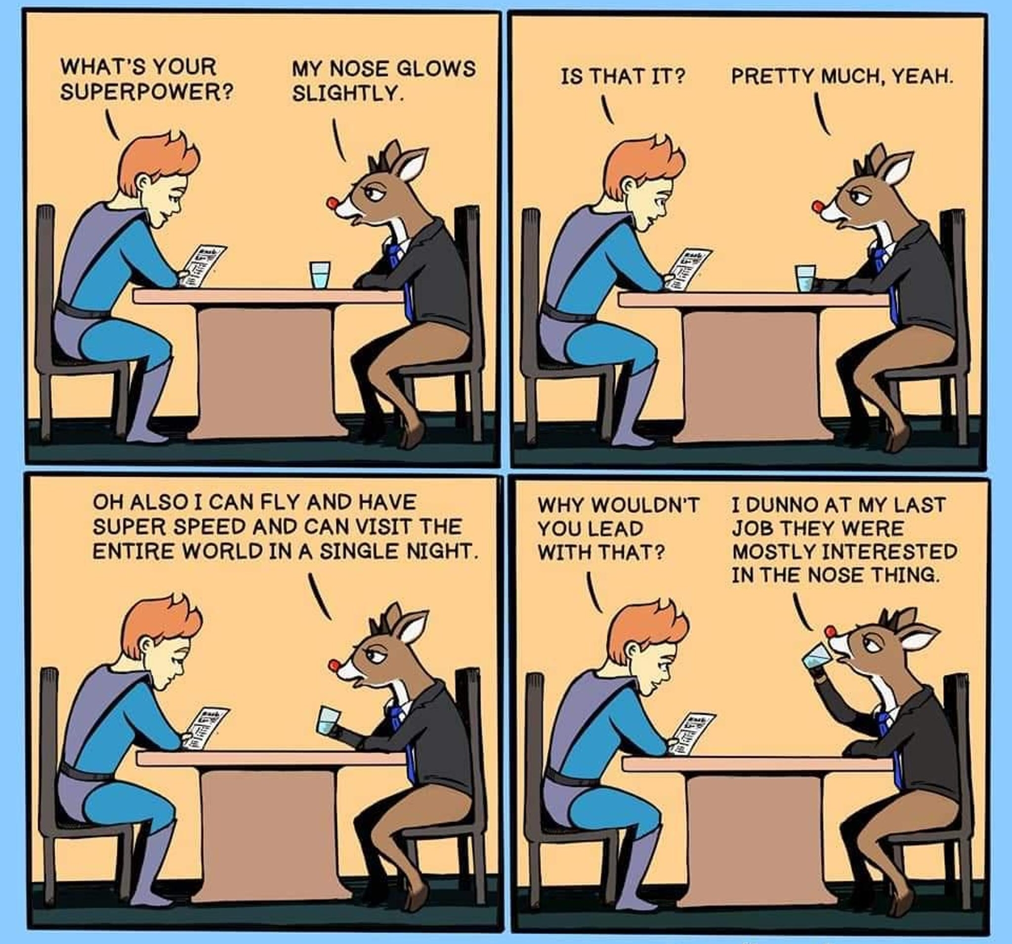 WHATS YOUR SUPERPOWER MY NOSE GLOWS SLIGHTLY ISTHATIT PRETTY MUCH YEAN OH ALSOT CAN FLY AND HAVE SUPER SPEED AND CAN VISIT THE ENTIRE WORLD IN A SINGLE NIGHT WY WOULONT YOULERD WITH THAT OUNNO AT MY LAST OB THEY WERE NOSTLY INTERESTED INTHE NOSE THING mediocreheroes