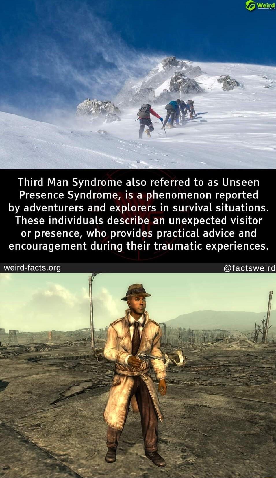 Third Man Syndrome also referred to as Unseen Presence Syndrome is a phenomenon reported by adventurers and explorers in survival situations These individuals describe an unexpected visitor or presence who provides practical advice and encouragement during their traumatic experiences weird factsorg factsweird