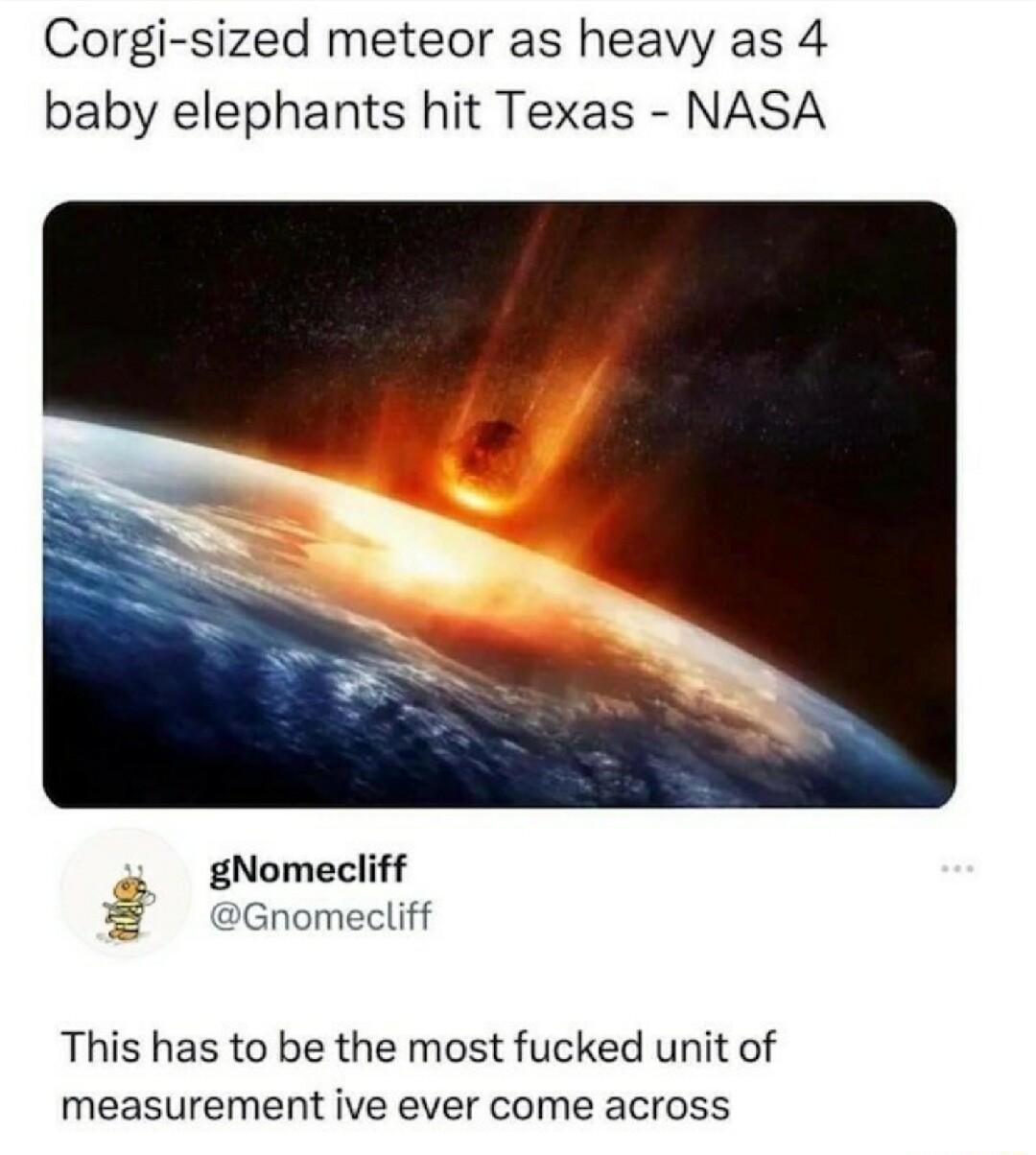 Corgi sized meteor as heavy as 4 baby elephants hit Texas NASA gNomecliff Gnomecliff This has to be the most fucked unit of measurement ive ever come across
