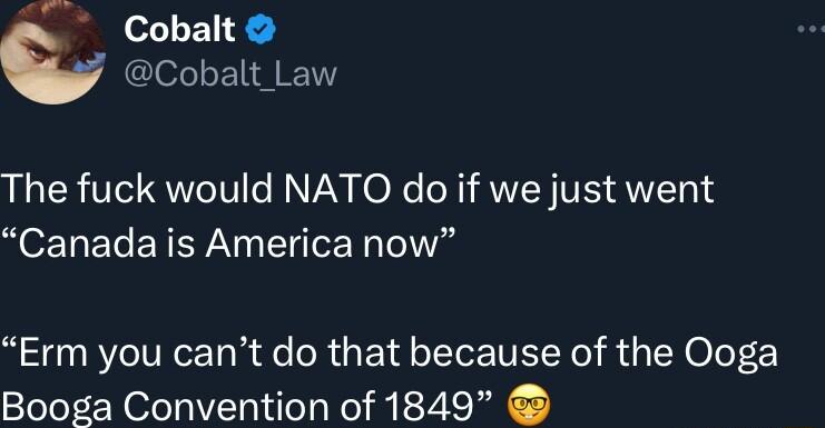 Cobalt w Cobalt Law The fuck would NATO do if we just went Canada is America now Erm you cant do that because of the Ooga Booga Convention of 1849