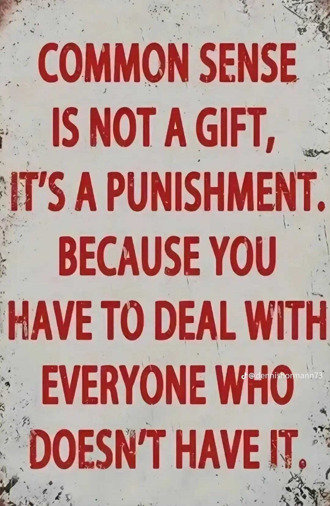 COMMON SENSE IS NOT A GIFT, IT'S A PUNISHMENT, BECAUSE YOU HAVE TO DEAL WITH EVERYONE WHO DOESN'T HAVE IT.