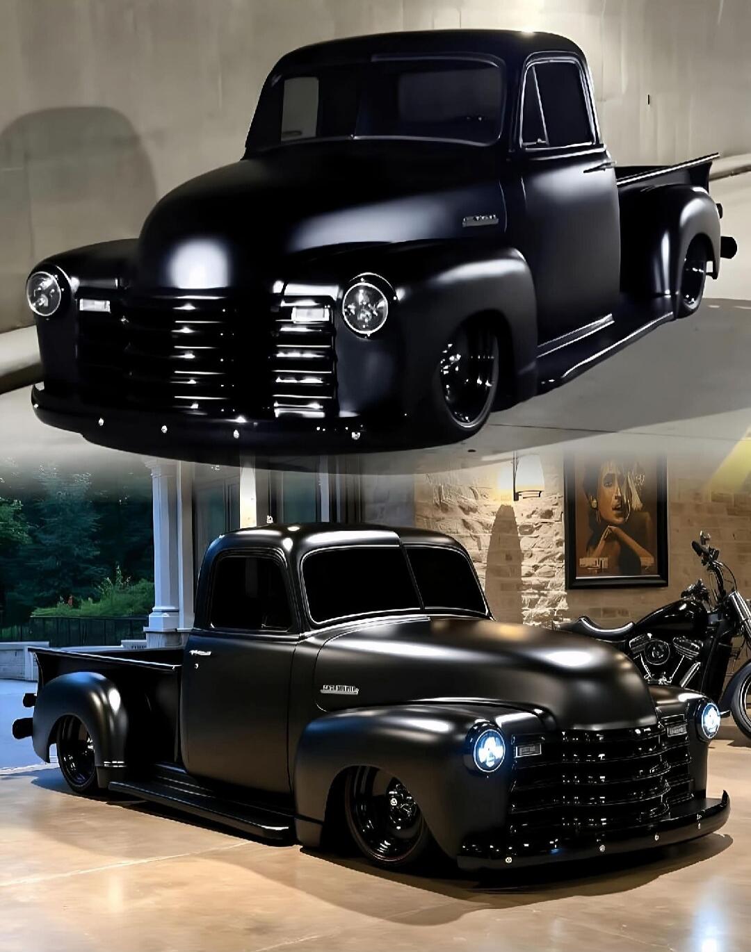 A sleek, matte black custom vintage pickup truck is shown from two different angles. The truck features a lowered suspension and black wheels, giving it a modern, aggressive look while retaining its classic design.