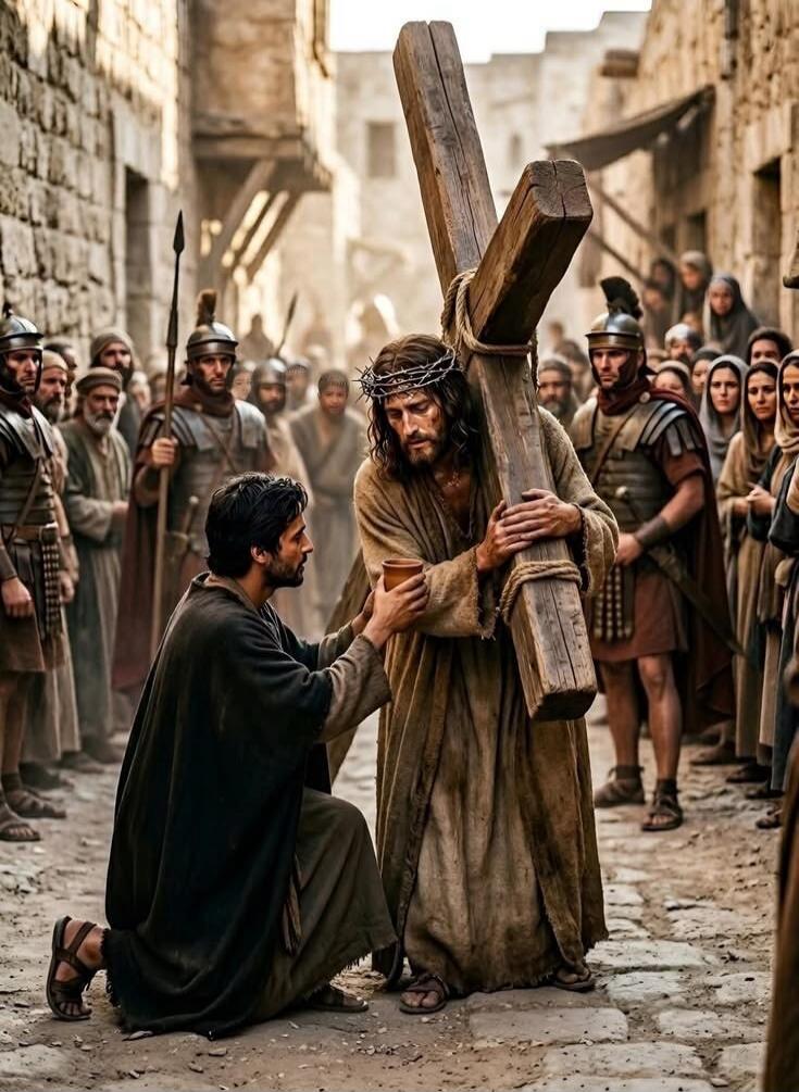 Jesus Christ carrying the cross, wearing a crown of thorns, while a man kneels before him offering a cup. Roman soldiers and a crowd of people are visible in the background on a narrow street.