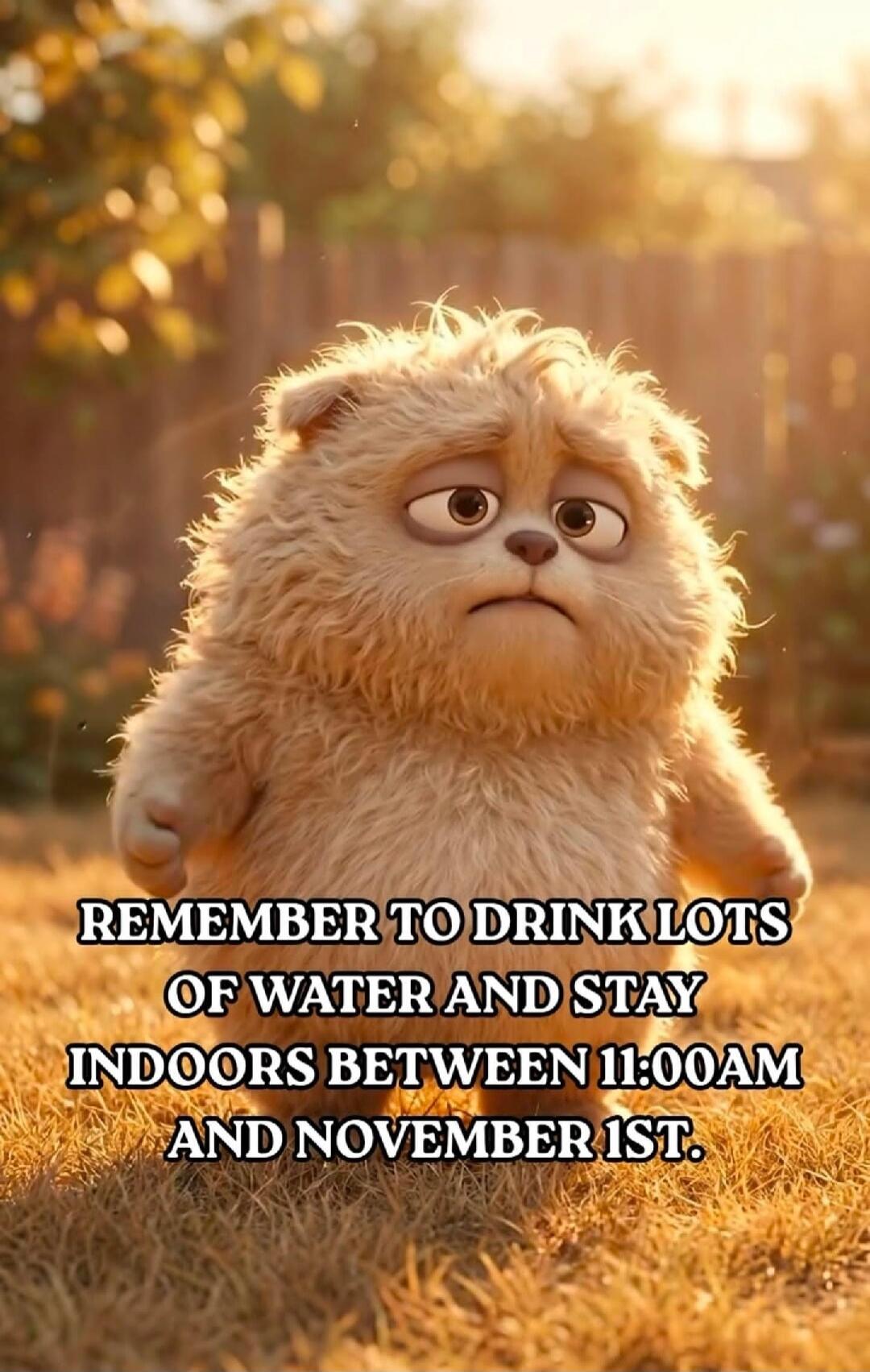 REMEMBER TO DRINK LOTS OF WATER AND STAY INDOORS BETWEEN 11:00AM AND NOVEMBER 1ST.
