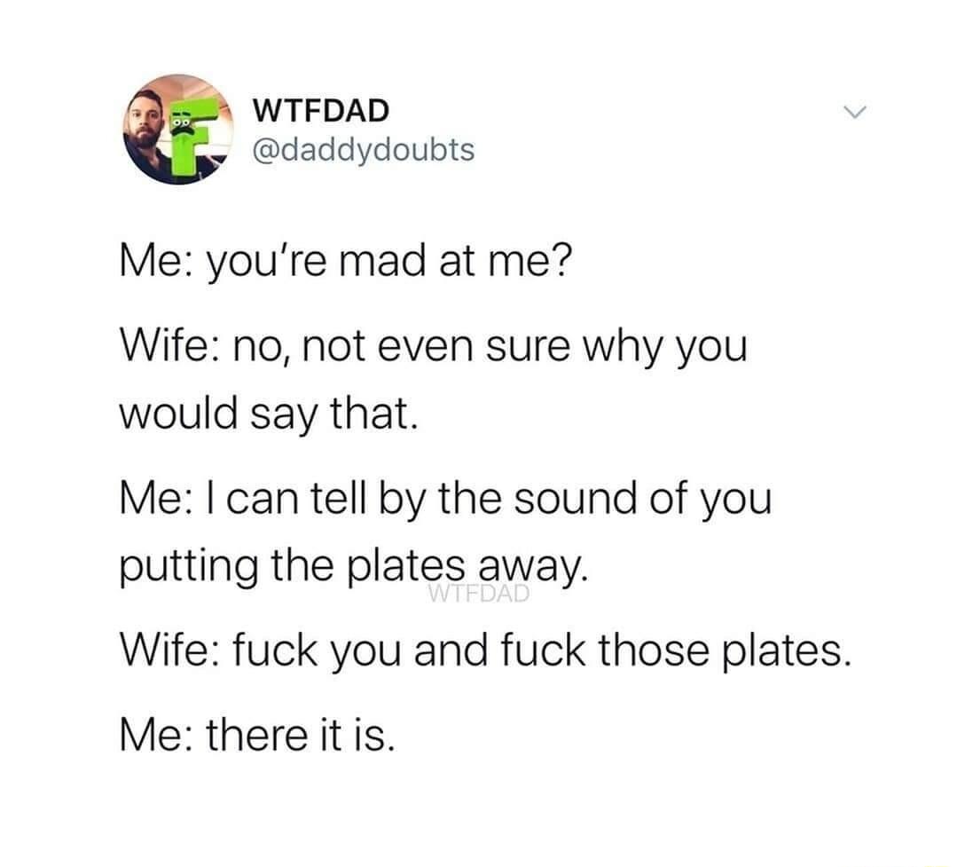 WTFDAD daddydoubts Me youre mad at me Wife no not even sure why you would say that Me can tell by the sound of you putting the plates away Wife fuck you and fuck those plates Me there it is
