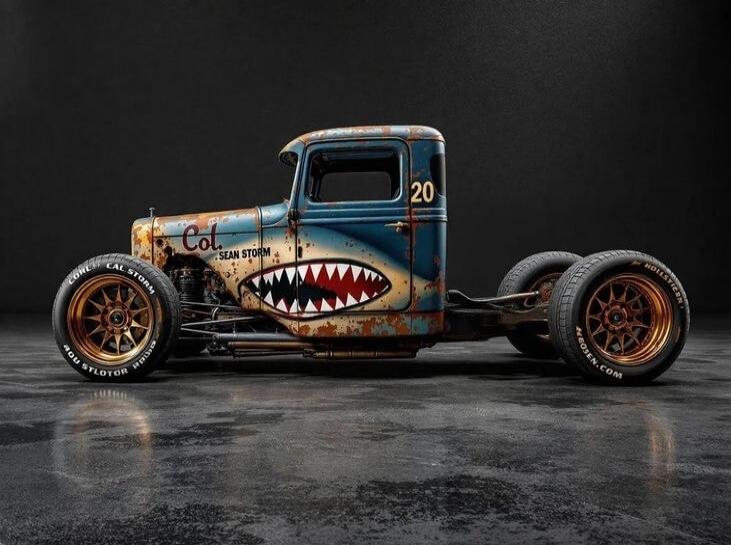 Rusty vintage hot rod with a shark-mouth mural on its side, blue cab, orange wheels, and weathered chrome.