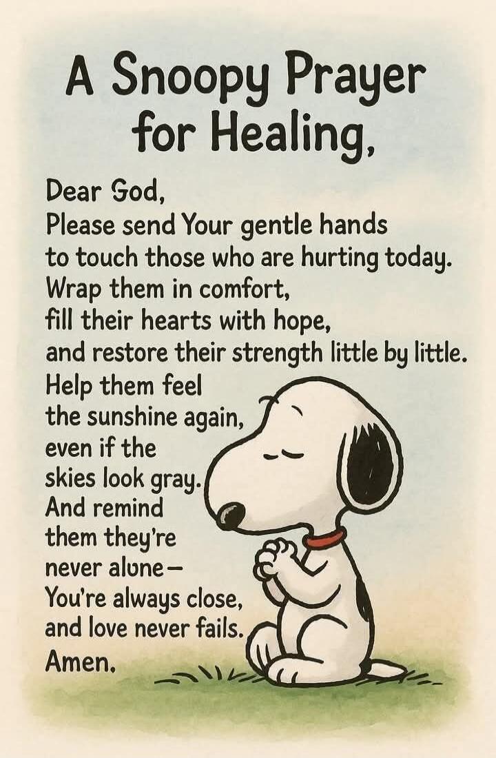 A Snoopy Prayer for Healing,
Dear God,
Please send Your gentle hands to touch those who are hurting today.
Wrap them in comfort,
fill their hearts with hope,
and restore their strength little by little.
Help them feel the sunshine again,
even if the skies look gray.
And remind them they're never alone—
You're always close,
and love never fails.
Ame