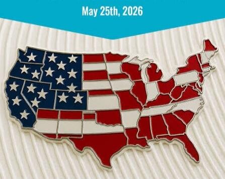 May 25th, 2026. A map of the United States stylized as the American flag, with the western states in blue with stars and the eastern states in red and white stripes.