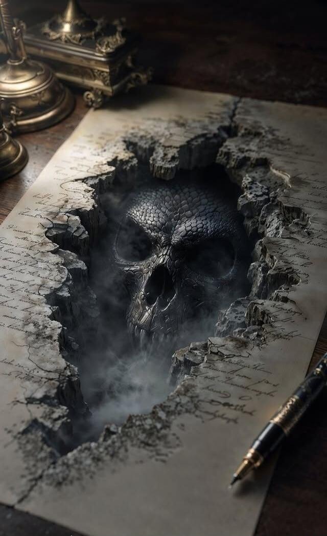 A skull emerging through a torn hole in a parchment with cursive handwriting, surrounded by smoke.