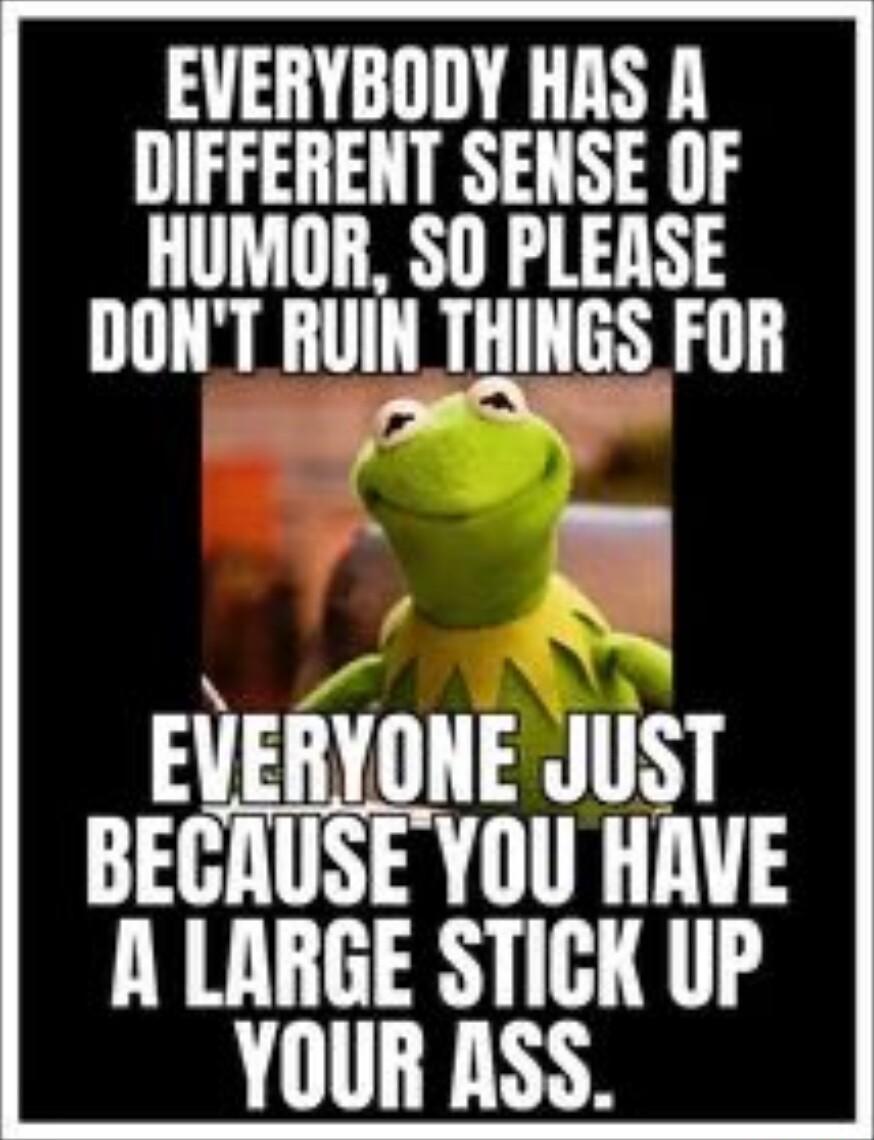 EVERYBODY HAS A DIFFERENT SENSE OF HUMOR SO PLEASE DONT RUIN THINGS FOR EVERYONE JUST BECAUSE YOU HAVE A LARGE STICK UP YOUR ASS