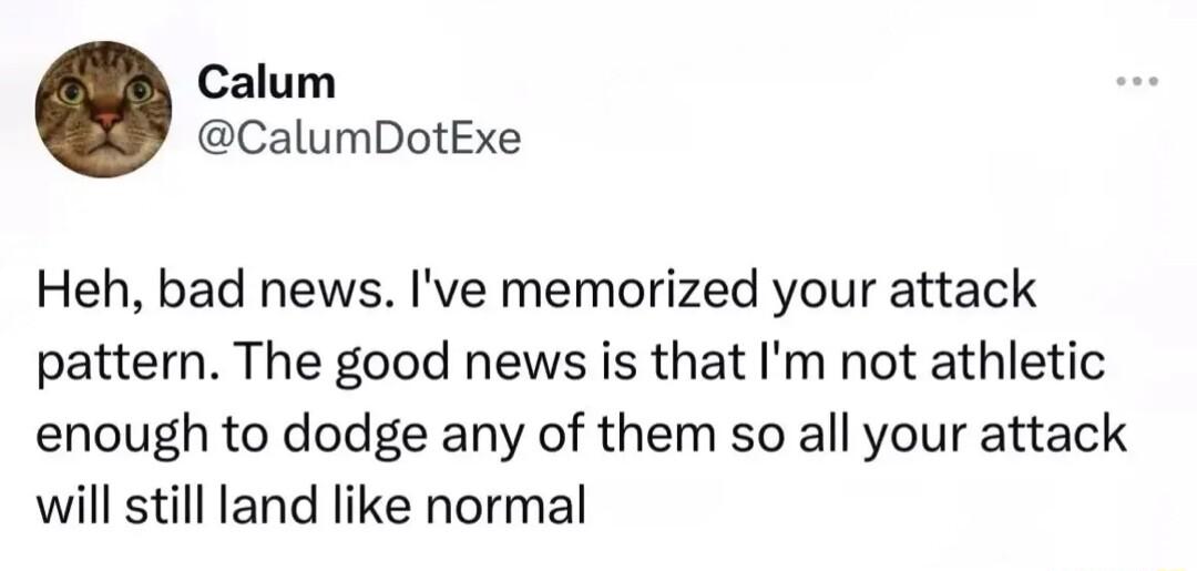 Calum CalumDotExe Heh bad news Ive memorized your attack pattern The good news is that Im not athletic enough to dodge any of them so all your attack will still land like normal