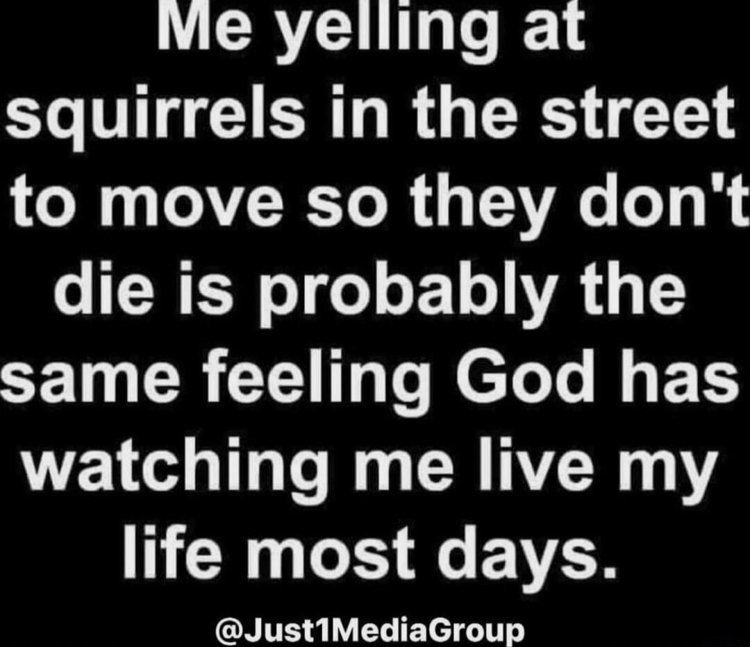 Me yelling at squirrels in the street to move so they don't die is probably the same feeling God has watching me live my life most days. @Just1MediaGroup