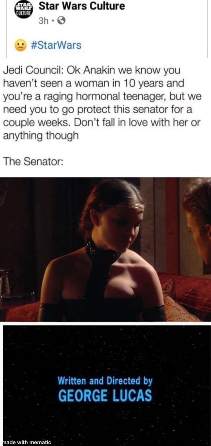 W Star Wars Culture h Q Jedi Council Ok Anakin we know you havent seen a woman in 10 years and youre a raging hormonal teenager but we need you to go protect this senator for a couple weeks Dont fall in love with her or anything though The Senator Written and Directed by 6130 JRIW e Wi mearnitic