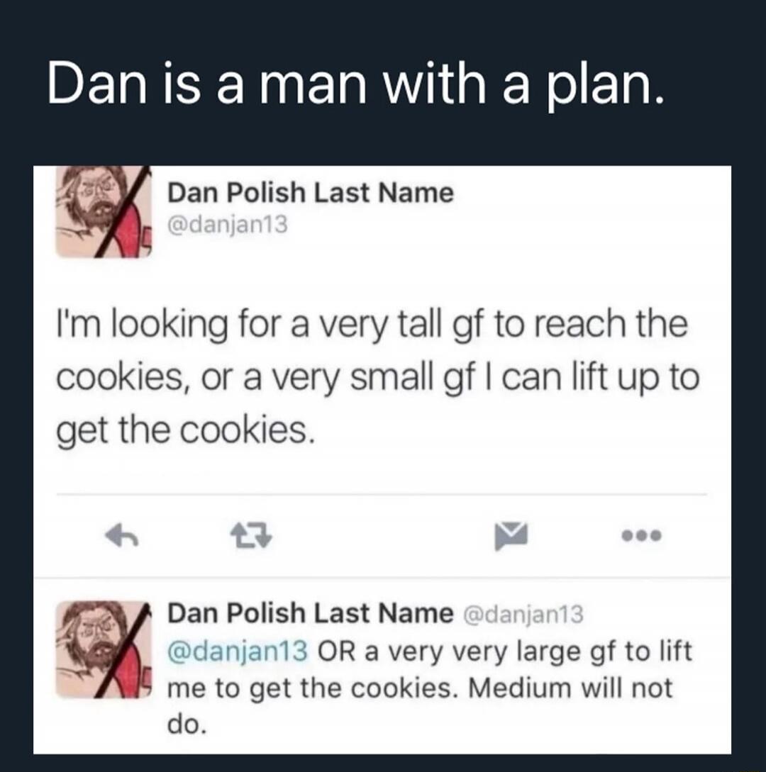 Dan is a man with a plan. I'm looking for a very tall gf to reach the cookies, or a very small gf I can lift up to get the cookies. Dan Polish Last Name @danjan13 OR a very very large gf to lift me to get the cookies. Medium will not do.