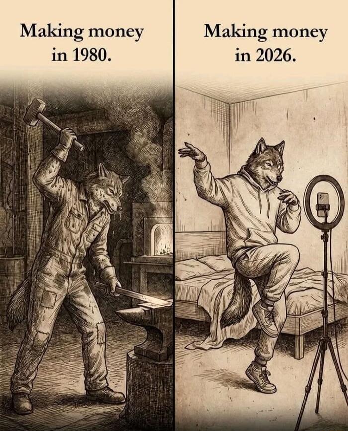 The image contrasts two ways of making money. On the left, a wolf-like character in 1980 is blacksmithing, sweating and working hard with a hammer and anvil. On the right, the same character in 2026 is dancing or posing in front of a ring light with a smartphone, representing modern content creation. The text reads: 'Making money in 1980.' and 'Mak