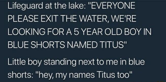 Lifeguard at the lake EVERYONE PLEASE EXIT THE WATER WERE LOOKING FOR A5 YEAR OLD BOY IN BLUE SHORTS NAMED TITUS Little boy standing next to me in blue Sl S A A E I CER VS olo