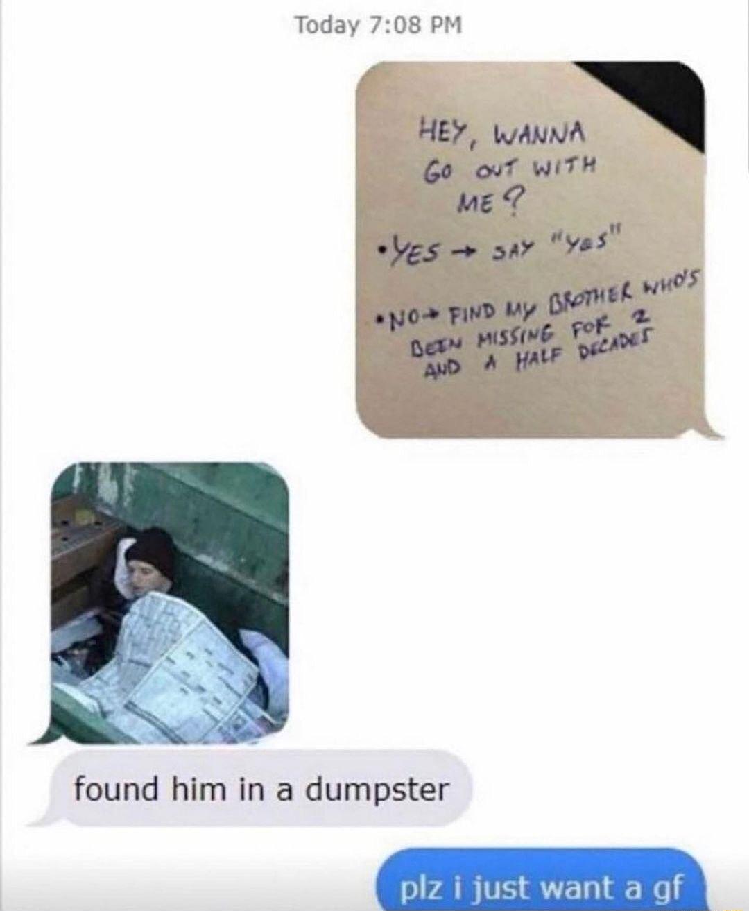 Today 708 PM found him in a dumpster