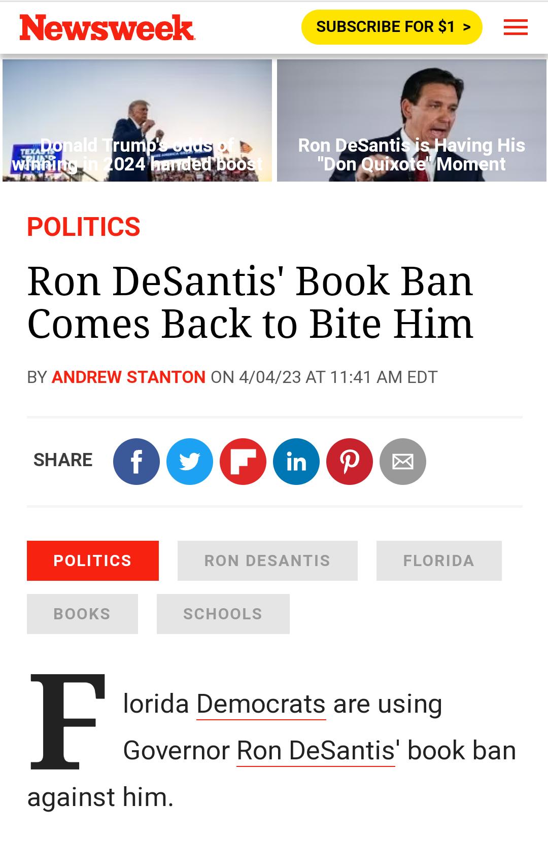 POLITICS Ron DeSantis Book Ban Comes Back to Bite Him BY ANDREW STANTON ON 40423 AT 1141 AM EDT QOO0 lorida Democrats are using Governor Ron DeSantis book ban against him