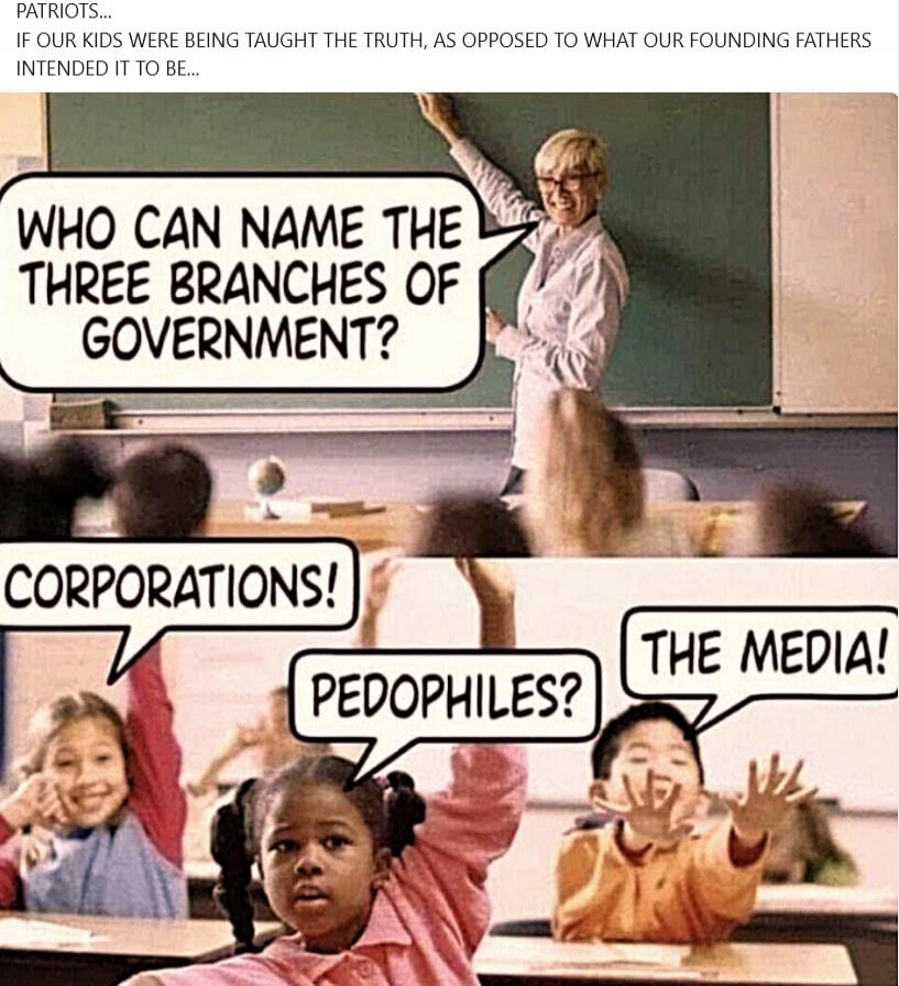 Patriots... If our kids were being taught the truth, as opposed to what our founding fathers intended it to be... Who can name the three branches of government? Corporations! Pedophiles? The media!