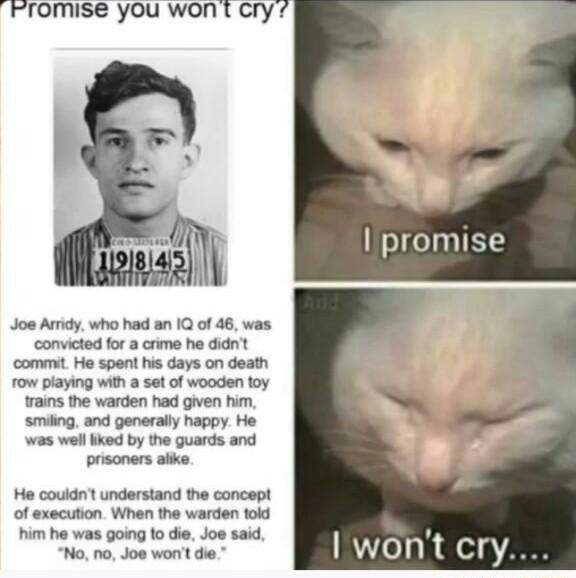 Fromise you wontcCrys promise Joe Aridy who had an 1Q of 46 was convicted for a crime he didnt commit He spent his days on death fow playing with a set of wooden 1oy frains the warden had given him smiling and generally happy He was well iked by the guards and prisoners alike He couldnt understand the concept of execution When the warden told him he was going 1o die Joe said No no Joe wont die