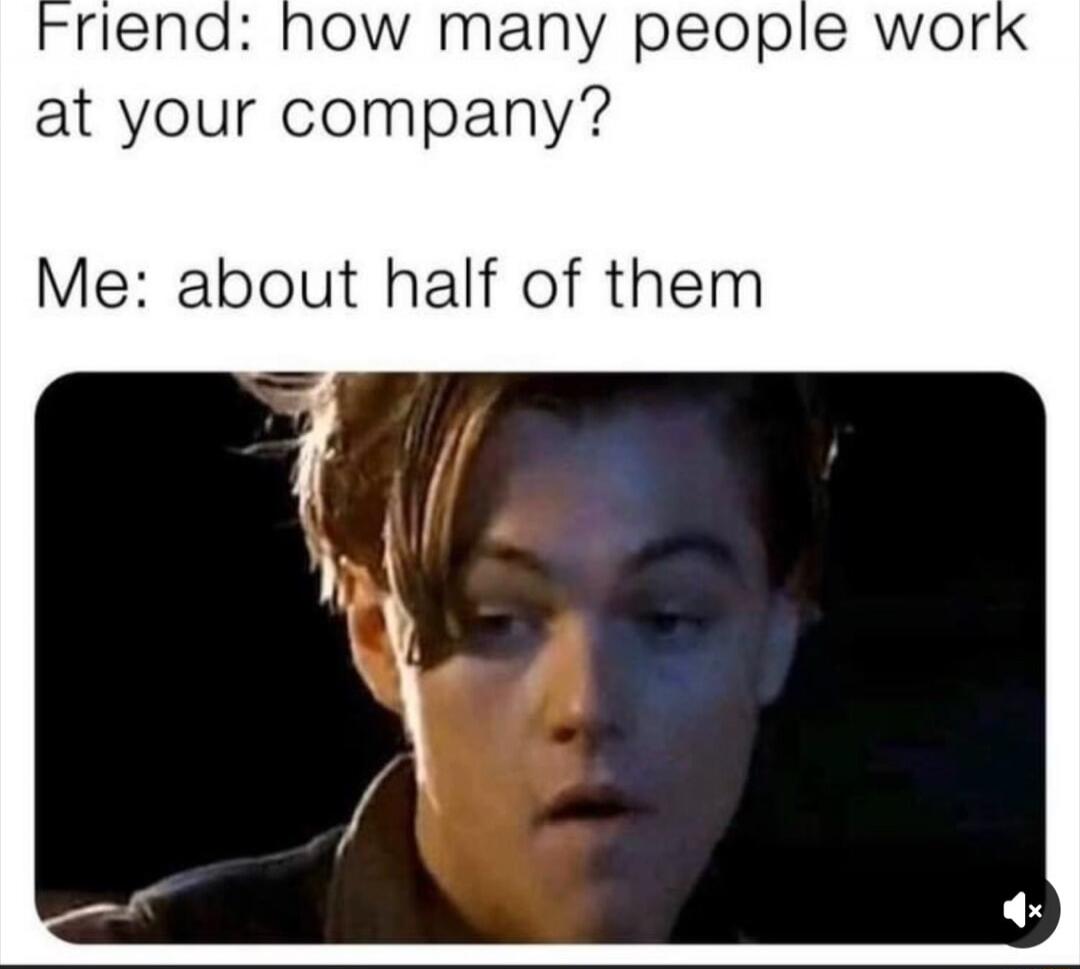 Friend: how many people work at your company? Me: about half of them