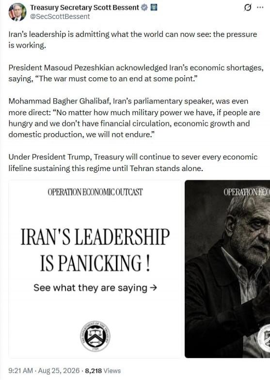 Treasury Secretary Scott Bessent @SecScottBessent. Iran's leadership is admitting what the world can now see: the pressure is working. President Masoud Pezeshkian acknowledged Iran's economic shortages, saying, 