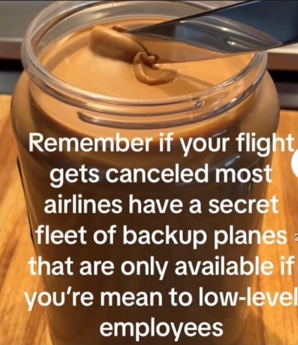 k P L v _ Remember it your fligh gets canceled most airlines have a secret fleet of backup plangs EVEICRIVEWETIE o youre mean to low leyel employees