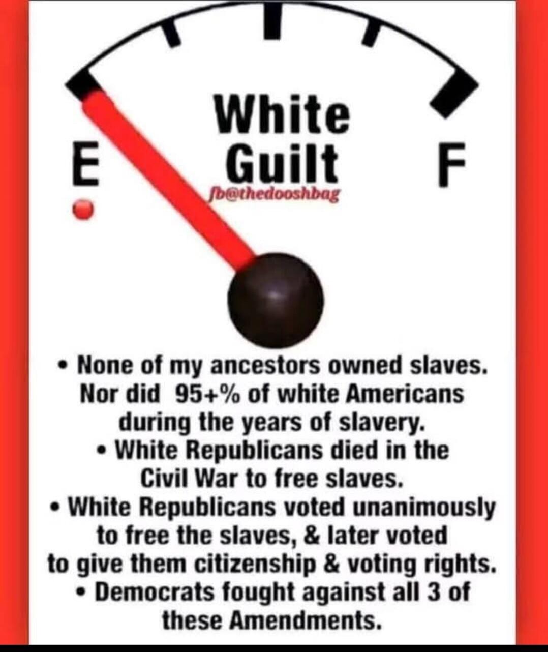 White Guilt fb@thedooshbag E F None of my ancestors owned slaves. Nor did 95+% of white Americans during the years of slavery. White Republicans died in the Civil War to free slaves. White Republicans voted unanimously to free the slaves, & later voted to give them citizenship & voting rights. Democrats fought against all 3 of these Amendments.