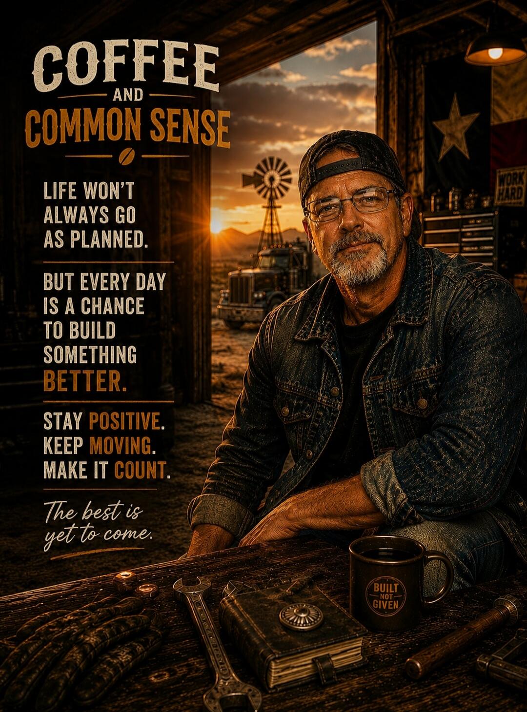 Coffee and Common Sense. Life won't always go as planned. But every day is a chance to build something better. Stay positive. Keep moving. Make it count. The best is yet to come. Built Not Given. Work Hard.