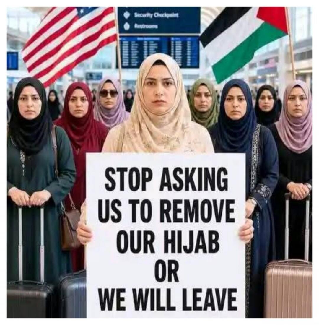 STOP ASKING US TO REMOVE OUR HIJAB OR WE WILL LEAVE. Security Checkpoint. Restrooms.