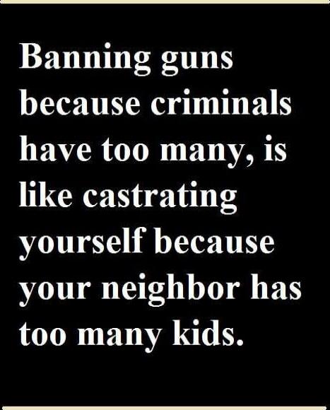 Banning guns because criminals have too many, is like castrating yourself because your neighbor has too many kids.