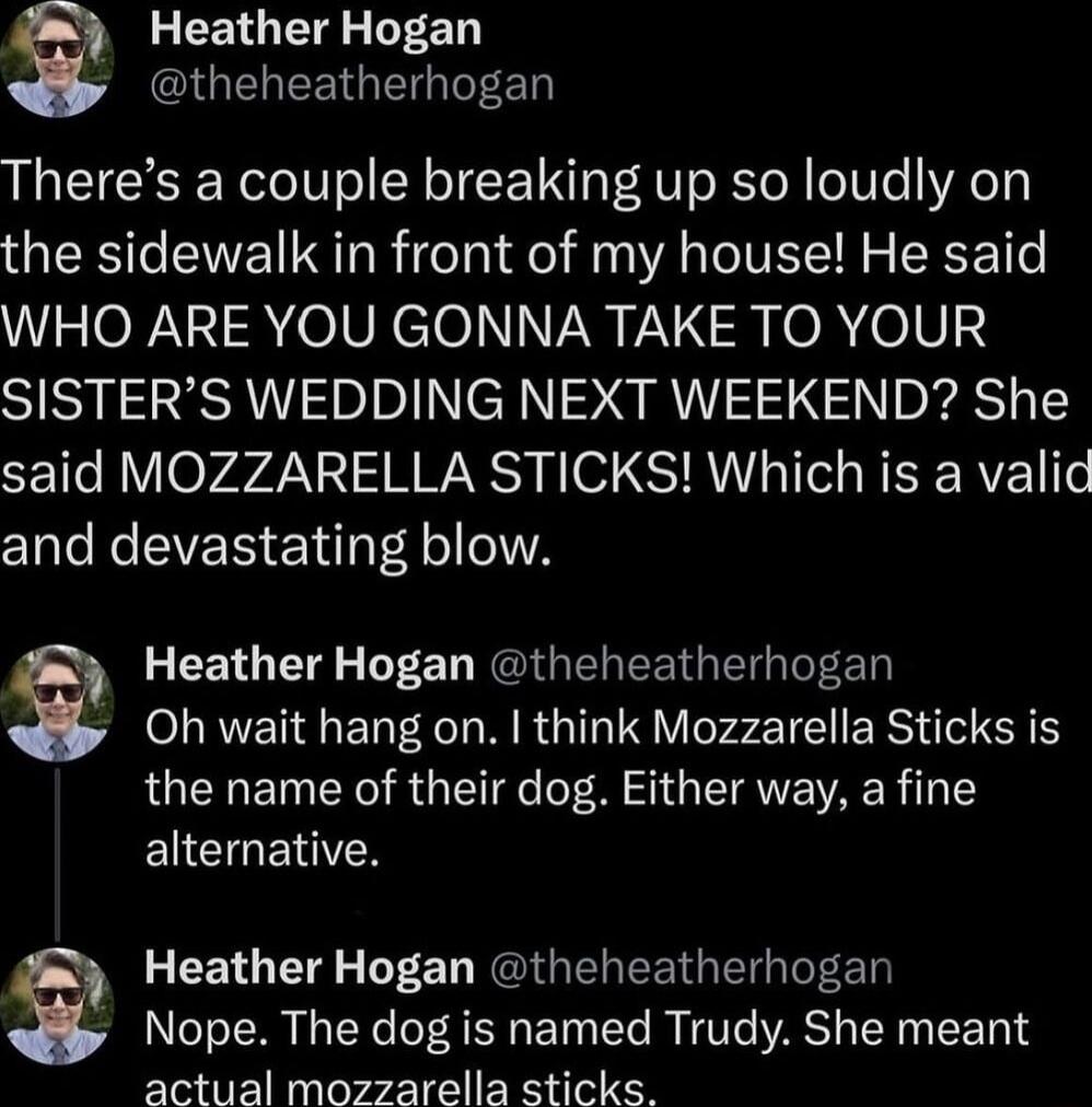 Q Heather Hogan IGEREETGE LN Theres a couple breaking up so loudly on the sidewalk in front of my house He said oW R TelVRele N VV R ORTelV3 SISTERS WEDDING NEXT WEEKEND She said MOZZARELLA STICKS Which is a valid and devastating blow Oh wait hang on think Mozzarella Sticks is the name of their dog Either way a fine EUCIGEITEN Q Heather Hogan theheatherhogan Nope The dog is named Trudy She meant a
