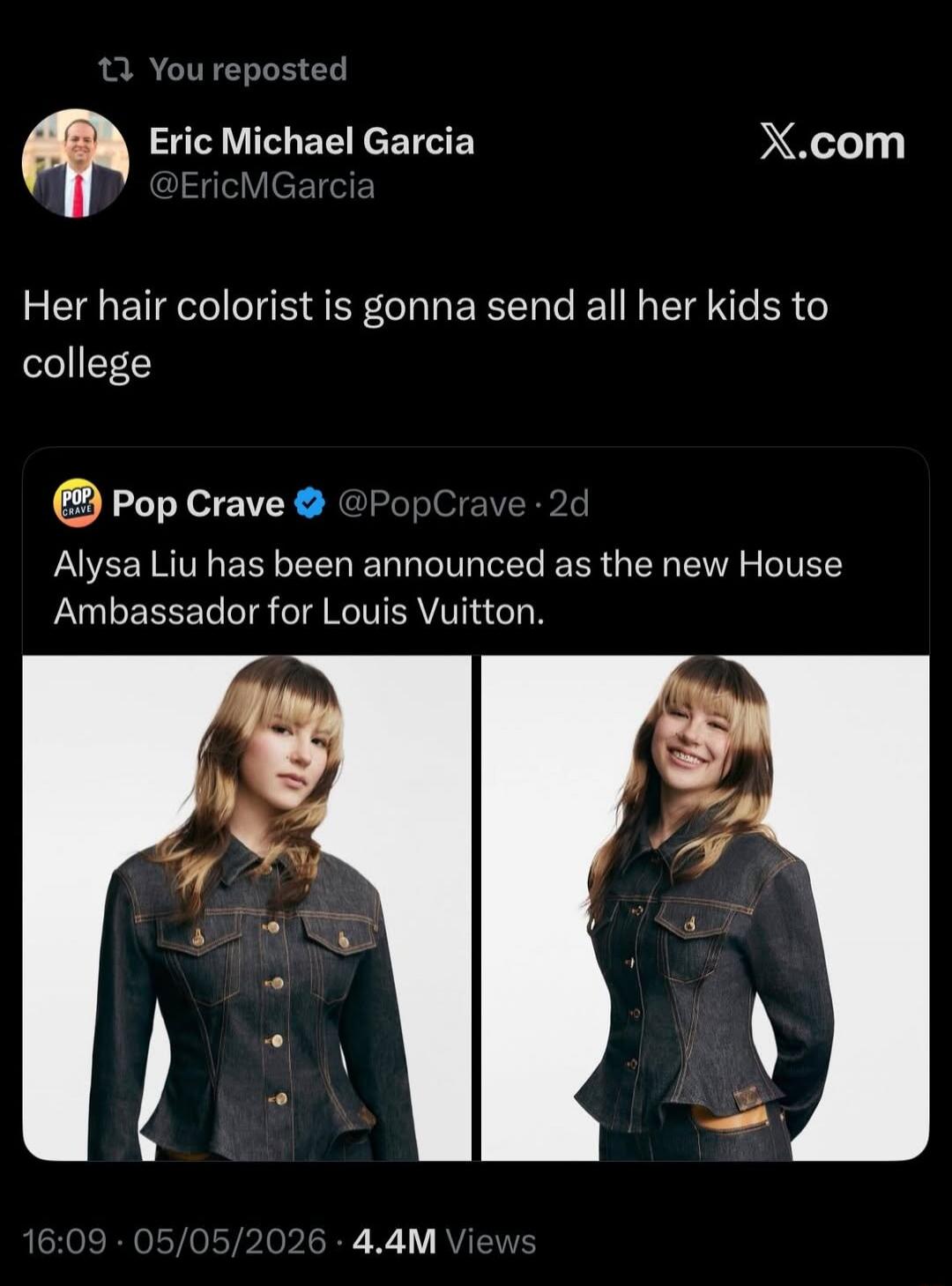 You reposted. Eric Michael Garcia. Her hair colorist is gonna send all her kids to college. Pop Crave. Alysa Liu has been announced as the new House Ambassador for Louis Vuitton.