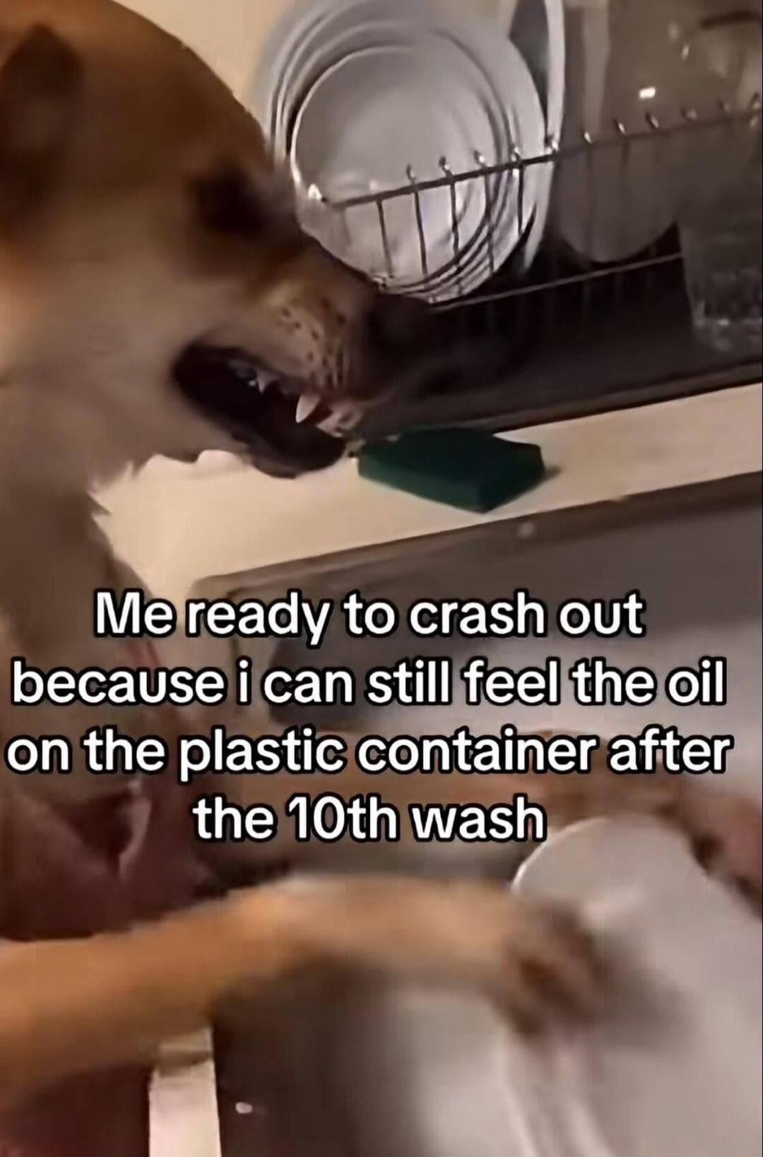 Me ready to crash out because i can still feel the oil on the plastic container after the 10th wash