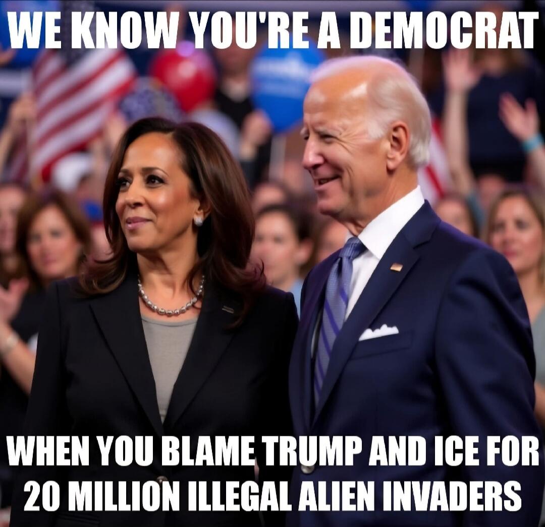 WE KNOW YOU'RE A DEMOCRAT
WHEN YOU BLAME TRUMP AND ICE FOR
20 MILLION ILLEGAL ALIEN INVADERS
