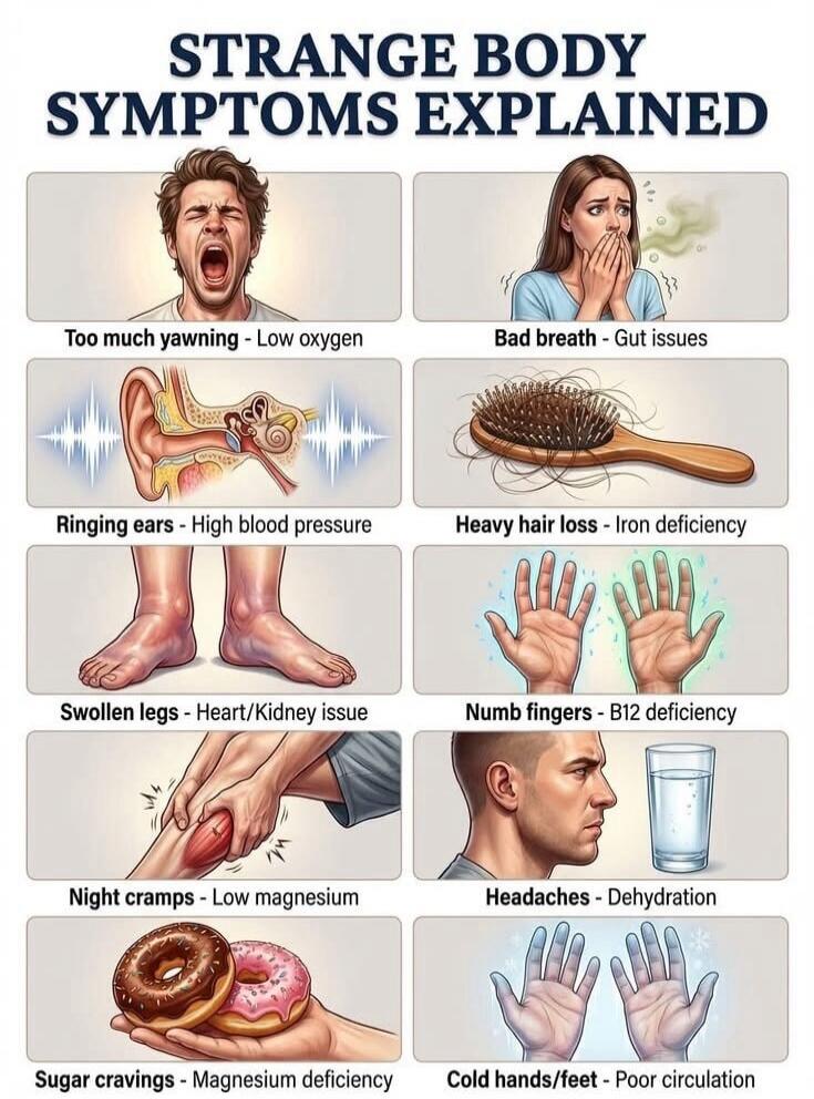STRANGE BODY SYMPTOMS EXPLAINED Too much yawning - Low oxygen Bad breath - Gut issues Ringing ears - High blood pressure Heavy hair loss - Iron deficiency Swollen legs - Heart/Kidney issue Numb fingers - B12 deficiency Night cramps - Low magnesium Headaches - Dehydration Sugar cravings - Magnesium deficiency Cold hands/feet - Poor circulation