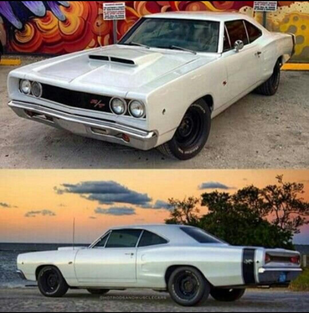 A white classic muscle car, possibly a Dodge Coronet, shown from two angles. The top image features the car parked in front of a graffiti wall, while the bottom image shows it by the water at sunset. Text visible: GHOTRODSANDMUSCLECARS.
