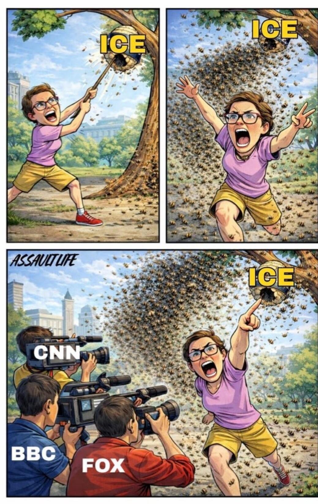 ICE appears in all panels. In the first panel, a girl swings a stick labeled ICE at a tree. In the second panel, the bee swarm/ice remains labeled ICE and the girl screams as bees swarm around her. In the bottom panel, reporters with cameras stand labeled CNN, BBC, and FOX, capturing the scene as the bee swarm labeled ICE continues. The word near t