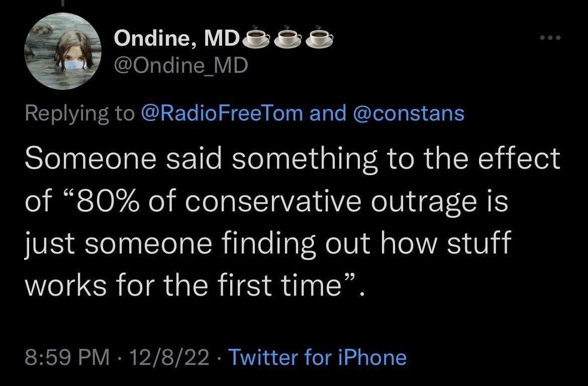 AN ondine D 0ndine_MD Replying to RadioFreeTom and constans Someone said something to the effect of 80 of conservative outrage is just someone finding out how stuff works for the first time 859 PM 12822 Twitter for iPhone