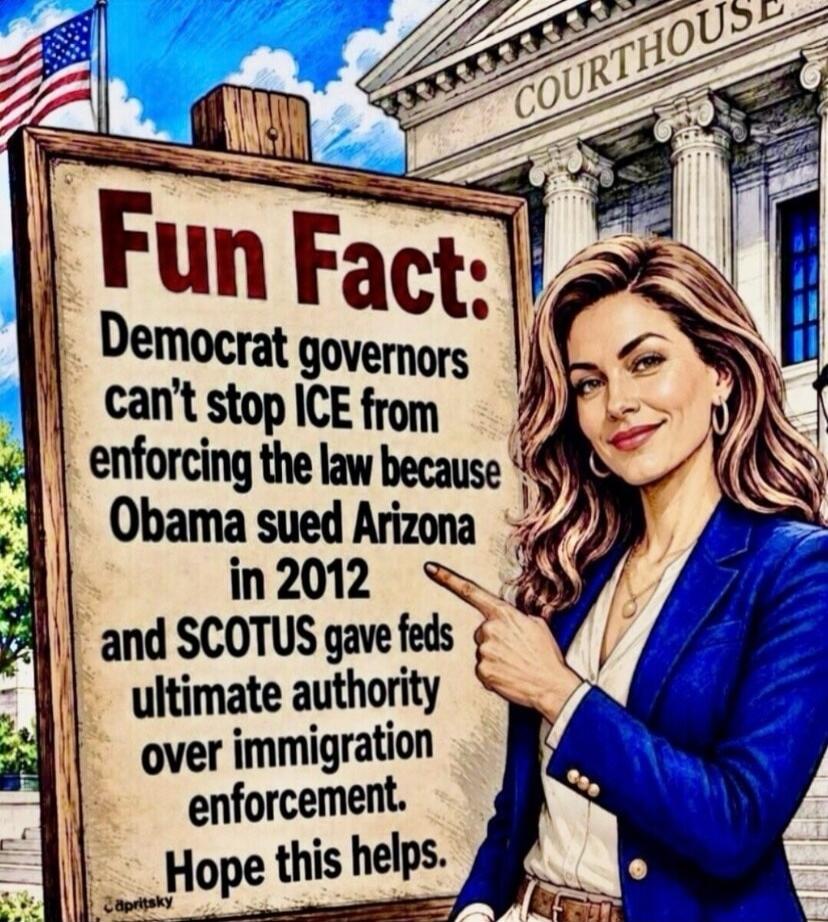Fun Fact: Democrat governors can't stop ICE from enforcing the law because Obama sued Arizona in 2012 and SCOTUS gave feds ultimate authority over immigration enforcement. Hope this helps. COURTHOUSE