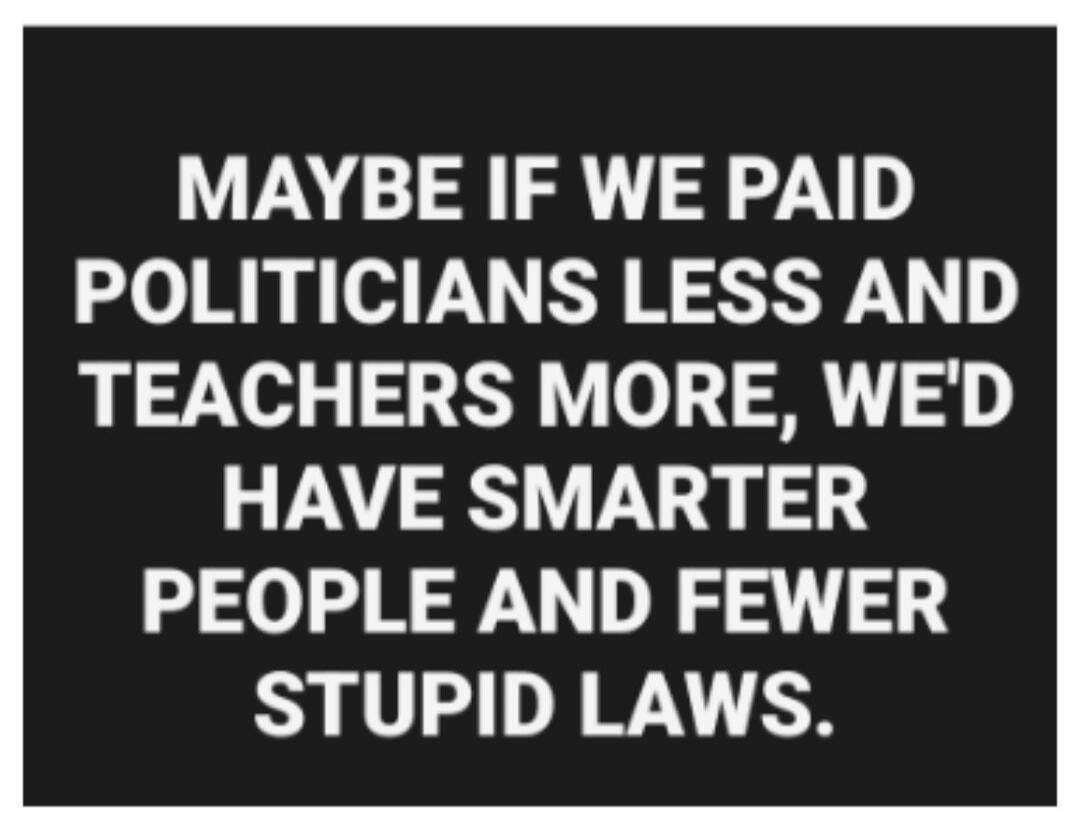 MAYBE IF WE PAID POLITICIANS LESS AND TEACHERS MORE, WE'D HAVE SMARTER PEOPLE AND FEWER STUPID LAWS.